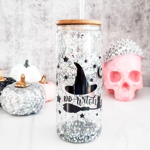 Bad Witch Halloween Snow Globe Glitter Iced Coffee Cup