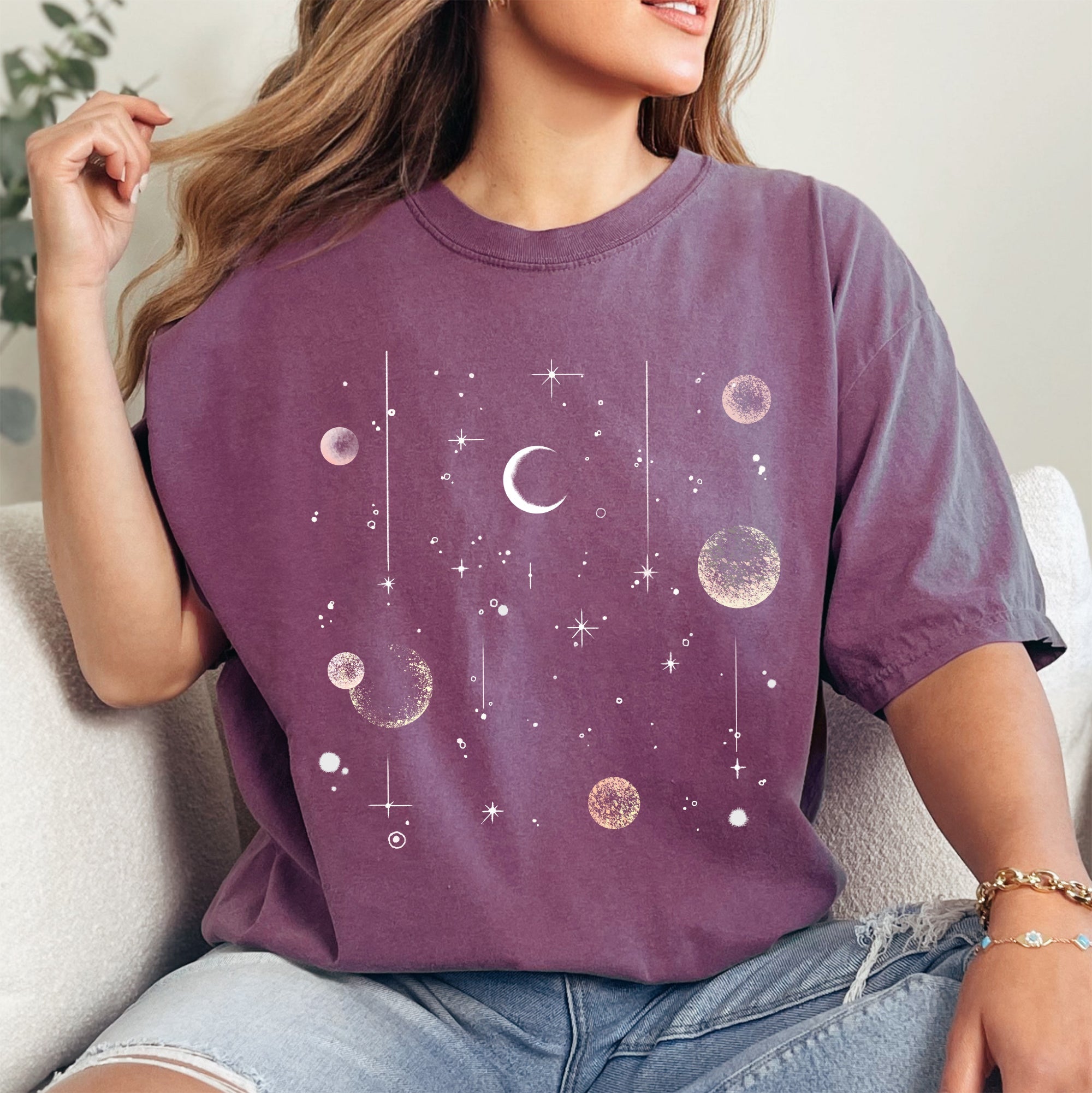 Celestial Moon Phase Astrology Boho Oversized Vintage Subtle Cosmic Print Comfort Colors Tee