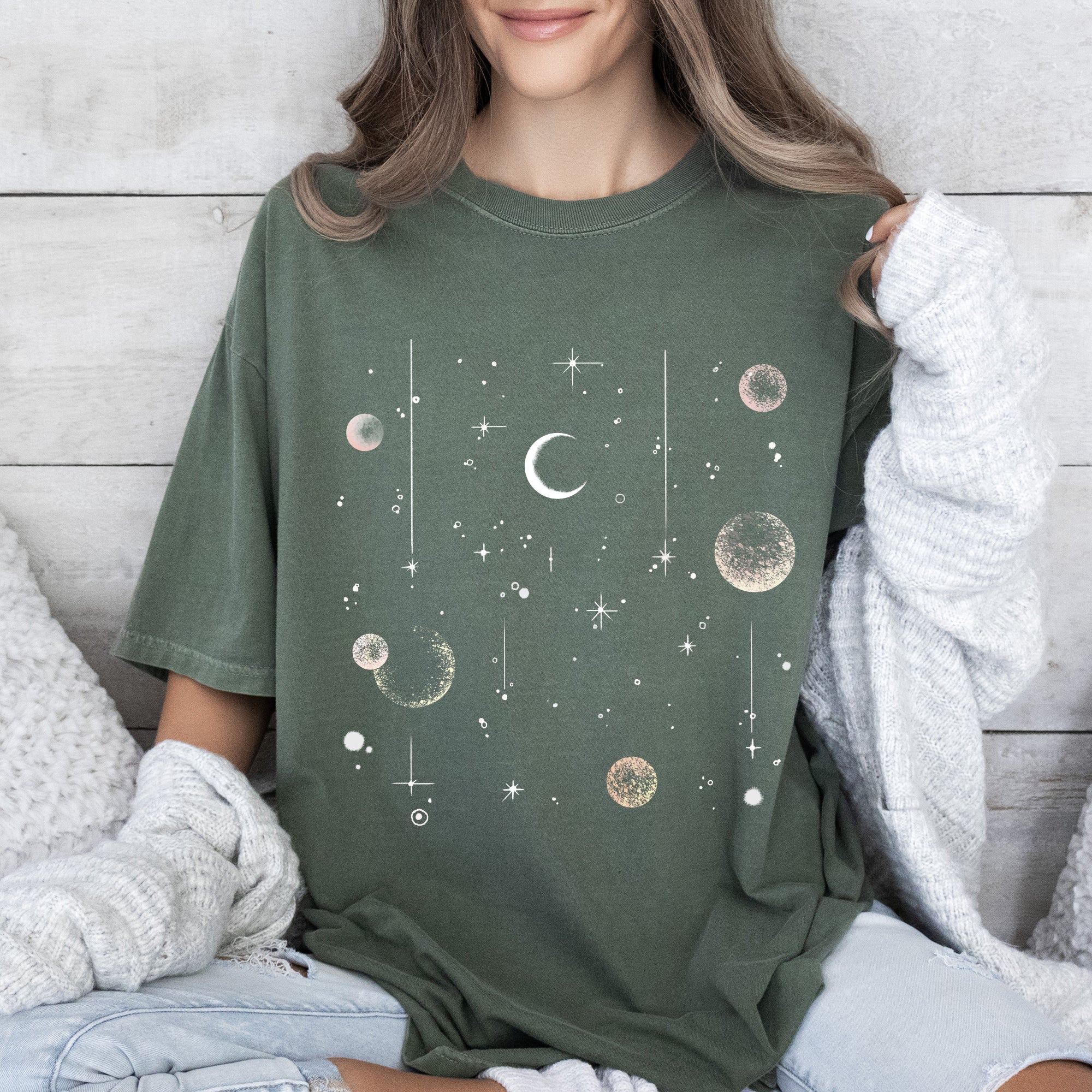 Celestial Moon Phase Astrology Boho Oversized Vintage Subtle Cosmic Print Comfort Colors Tee