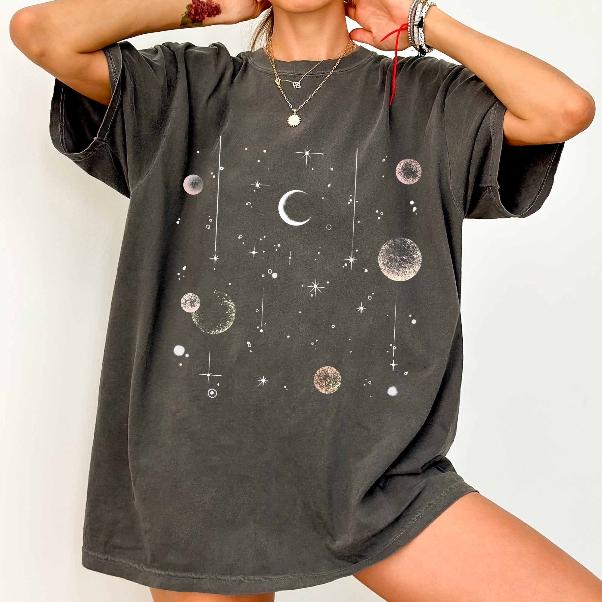 Celestial Moon Phase Astrology Boho Oversized Vintage Subtle Cosmic Print Comfort Colors Tee