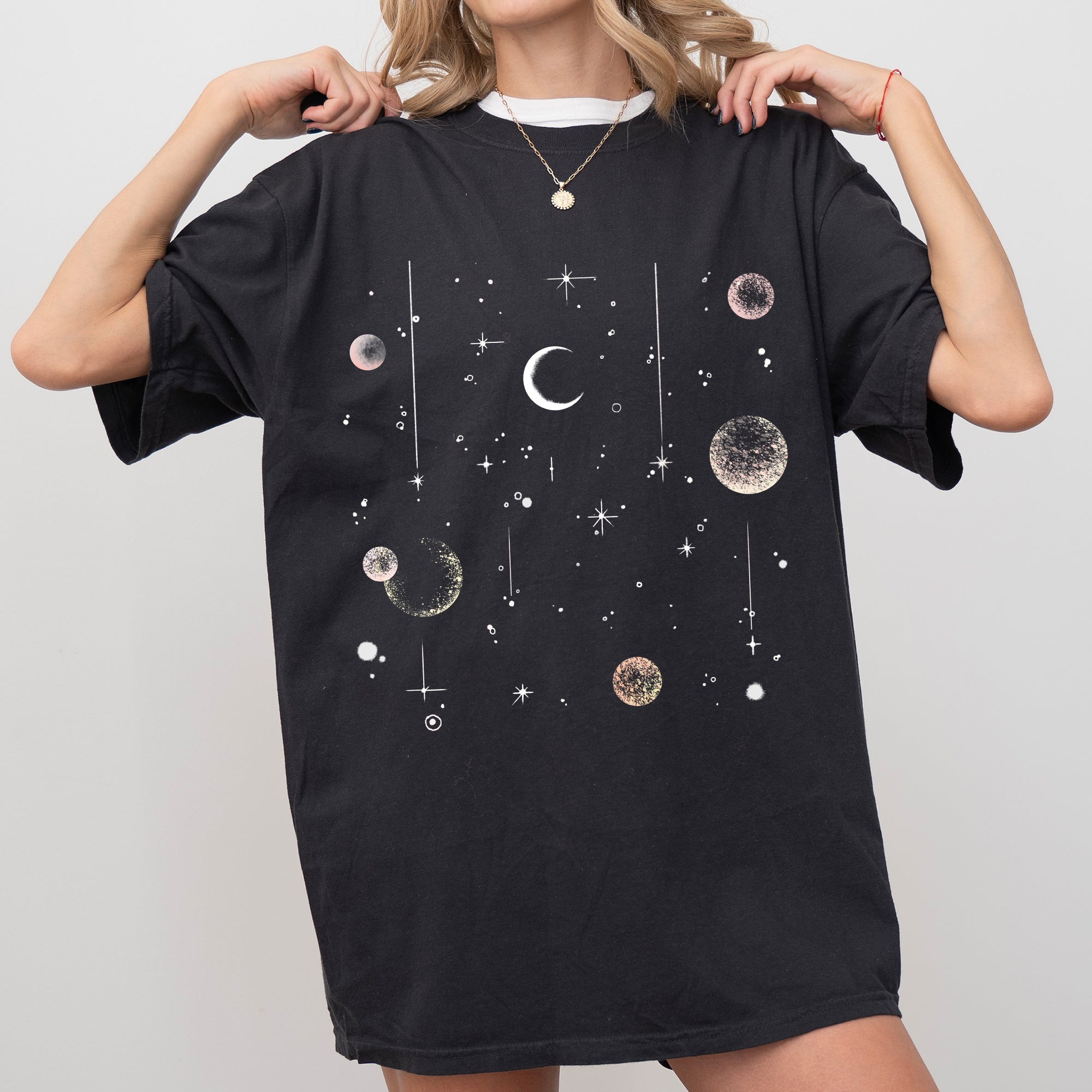 Celestial Moon Phase Astrology Boho Oversized Vintage Subtle Cosmic Print Comfort Colors Tee