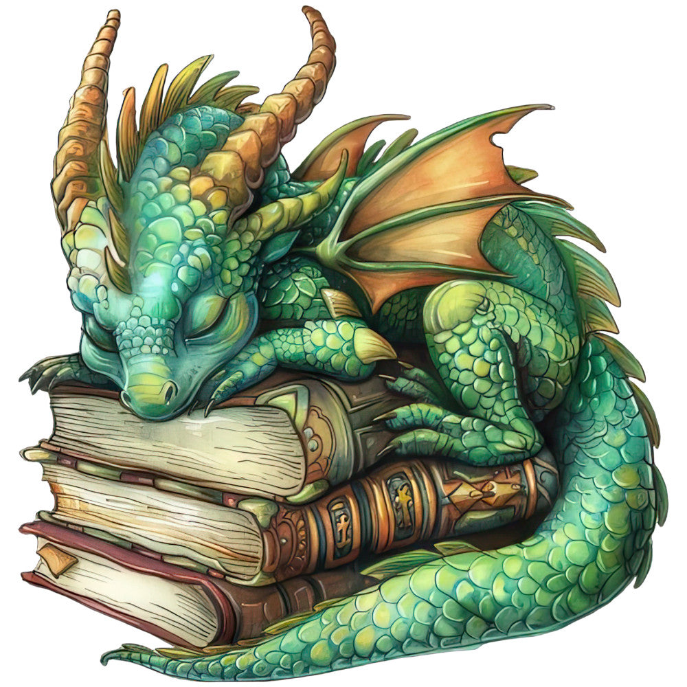Dragon Sleeping on Books Fabric Panel 13